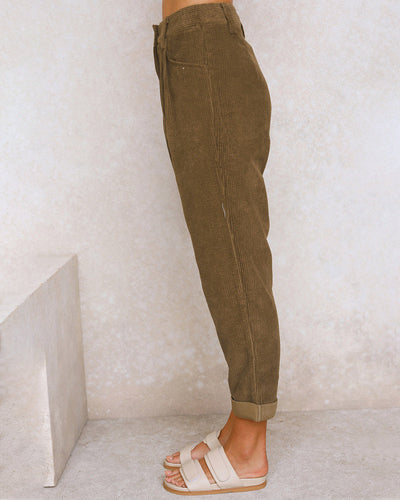 Women's High-Waisted Trousers - Pleated Front - Relaxed Fit - Cuffed Hem Ribbed Fabric