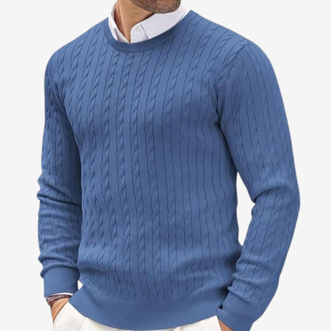 Men’s Sweater – 100% Cashmere – Tailored Fit – Crew Neck Cable Knit Long Sleeve