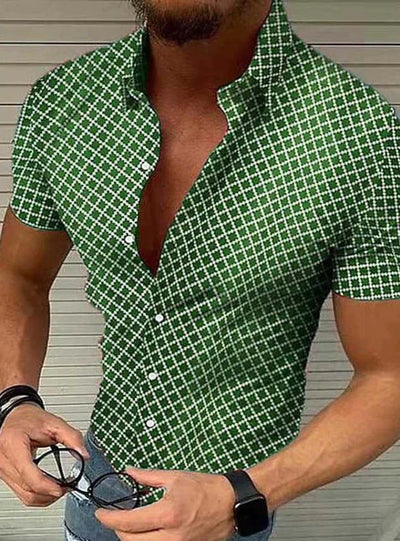 Men’s Short-Sleeve Button-Up Shirt – Slim Fit – Checked Pattern – Spread Collar