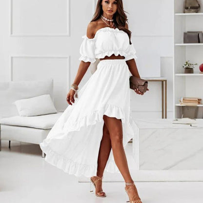 Women's Off-Shoulder Two-Piece Set - Crop Top & High-Low Ruffle Maxi Skirt - Elegant Fit