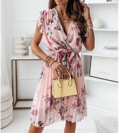 Women’s Wrap Dress – Flowy Fit – V-Neck – Ruffled Sleeves – Floral Print – Midi Length