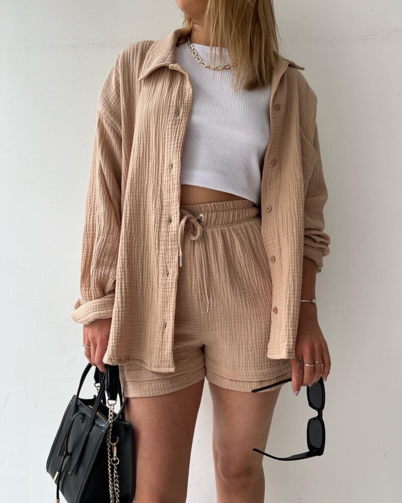 Women's Co-Ord Set - Oversized Button-Up Shirt & Drawstring Shorts - Relaxed Fit