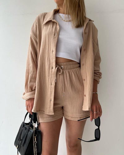 Women's Co-Ord Set - Oversized Button-Up Shirt & Drawstring Shorts - Relaxed Fit