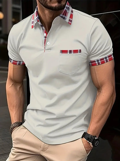 Men’s Polo Shirt – Plaid Trim Collar – Short Sleeve – Button Placket – Chest Pocket