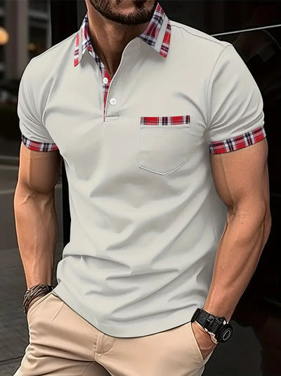 Men’s Polo Shirt – Plaid Trim Collar – Short Sleeve – Button Placket – Chest Pocket