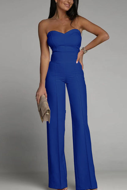 Women's Strapless Jumpsuit - Fitted Bodice - High-Waisted Flared Leg - Elegant Formal Wear