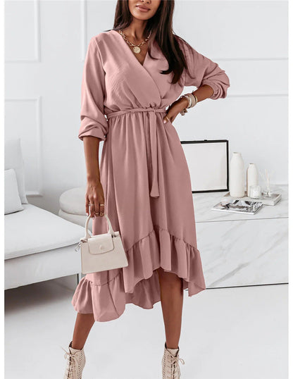 Women's Wrap Dress - V-Neck - Long Sleeve - Tie Waist - Asymmetrical Ruffle Hem