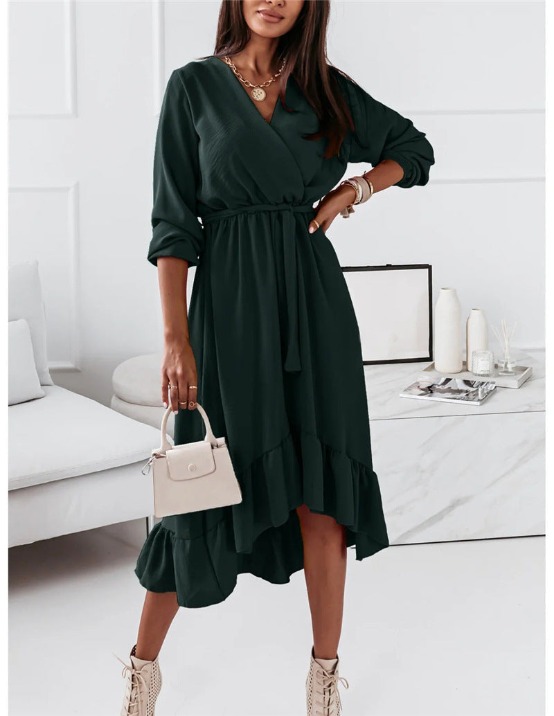 Women's Wrap Dress - V-Neck - Long Sleeve - Tie Waist - Asymmetrical Ruffle Hem
