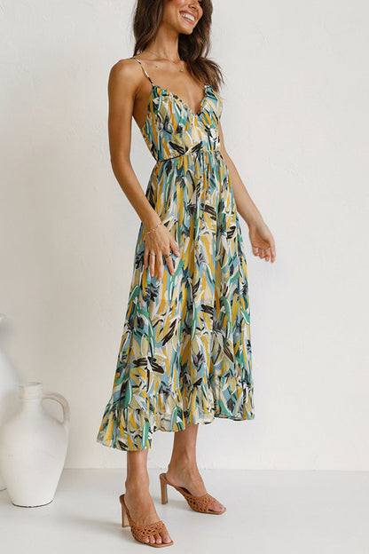 Women's Maxi Dress - Flowing Fit - Spaghetti Straps - Empire Waist - V-Neck Elegant Style