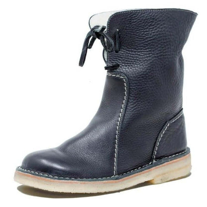 Women’s Mid-Calf Boots – Leather Look – Wool Lined – Lace Up – Rounded Toe – Stitched