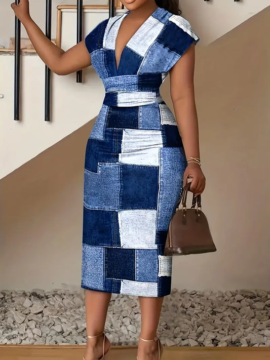 Women's Bodycon Dress - Patchwork Denim - Midi Length - V-Neck Short Sleeve