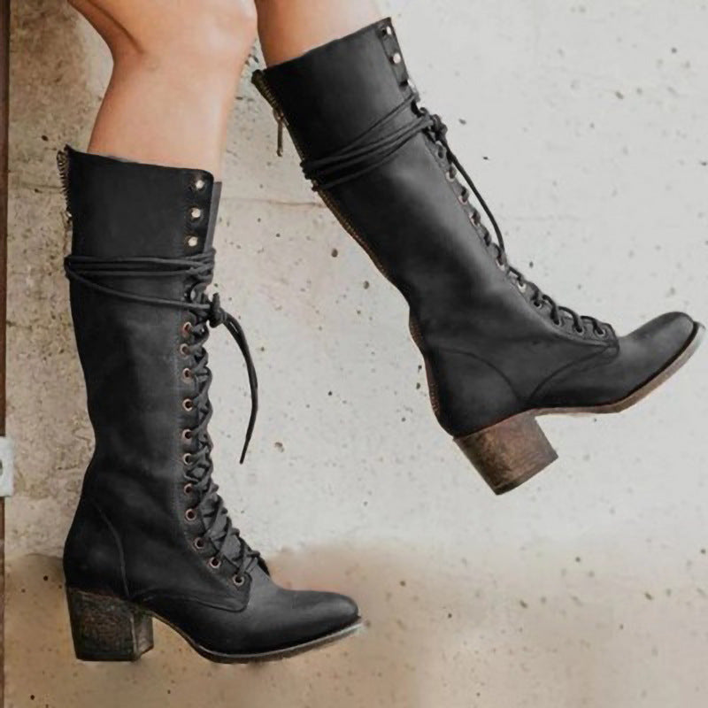 Women’s Knee-High Boots – Leather – Lace-Up Front – Chunky Heel – Side Zip Fit
