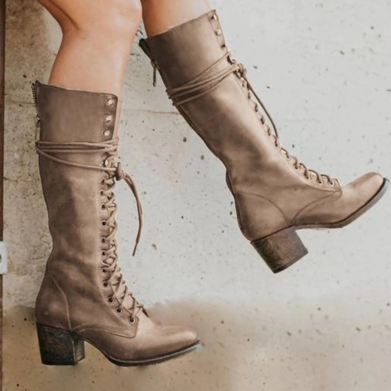 Women’s Knee-High Boots – Leather – Lace-Up Front – Chunky Heel – Side Zip Fit