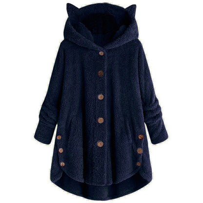 Women’s Hooded Coat – Plush Fabric – Oversized Fit – Cat Ear Hood – Button Front