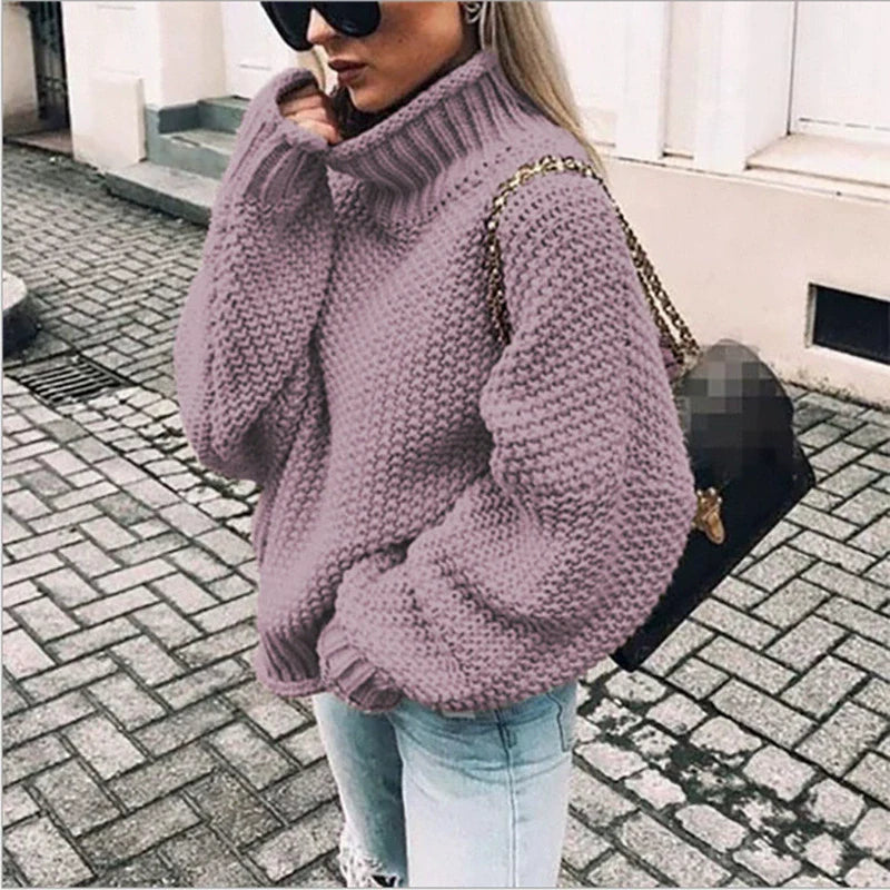 Women’s Knit Sweater – Oversized Fit – Chunky Wool – High Neck