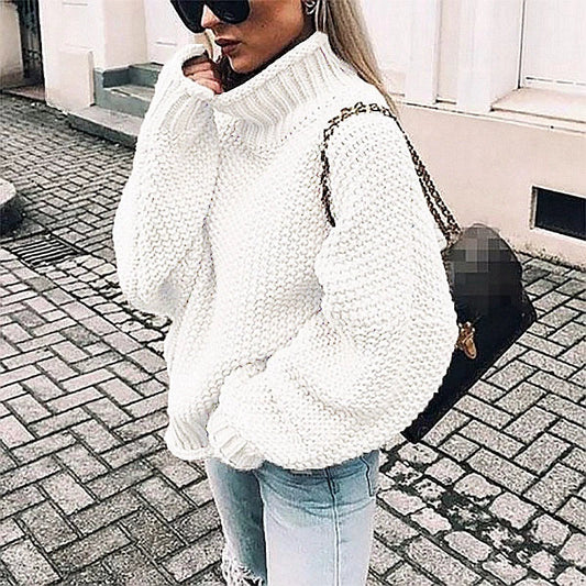Women’s Knit Sweater – Oversized Fit – Chunky Wool – High Neck
