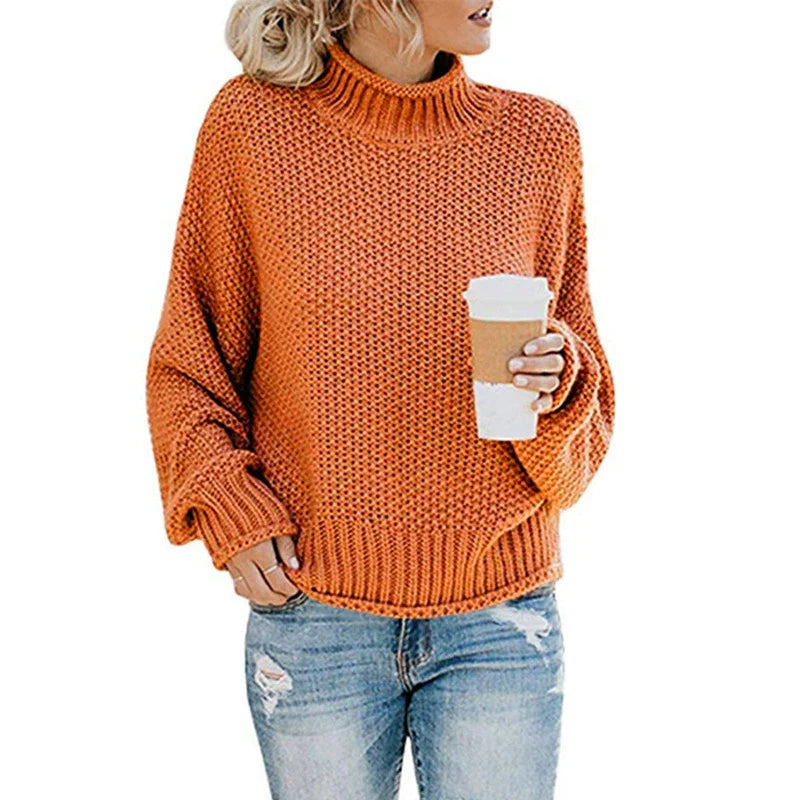 Women’s Knit Sweater – Oversized Fit – Chunky Wool – High Neck