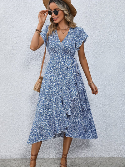 Women's Wrap Dress - Floral Print - V-Neck - Short Flutter Sleeves - Midi Length