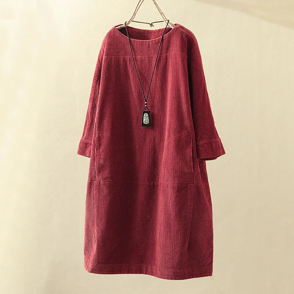 Women's Corduroy Dress - Relaxed Fit - Knee-Length - 3/4 Sleeve Minimalist Style