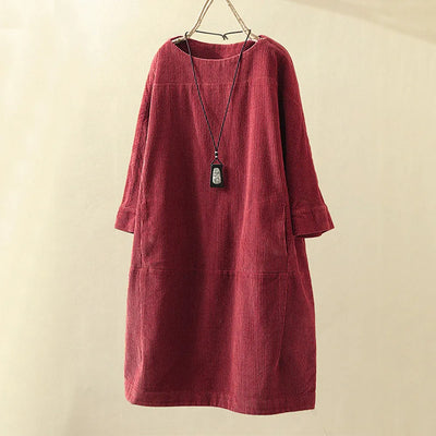 Women's Corduroy Dress - Relaxed Fit - Knee-Length - 3/4 Sleeve Minimalist Style