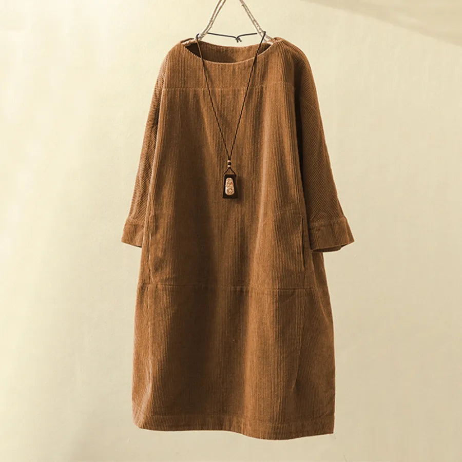 Women's Corduroy Dress - Relaxed Fit - Knee-Length - 3/4 Sleeve Minimalist Style