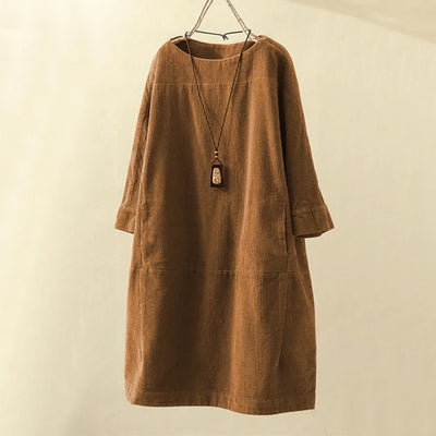 Women's Corduroy Dress - Relaxed Fit - Knee-Length - 3/4 Sleeve Minimalist Style