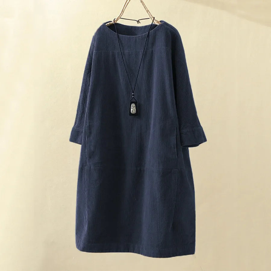 Women's Corduroy Dress - Relaxed Fit - Knee-Length - 3/4 Sleeve Minimalist Style