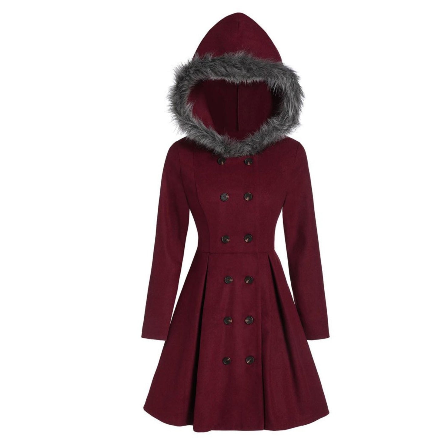 Women's double-breasted coat with fur hood