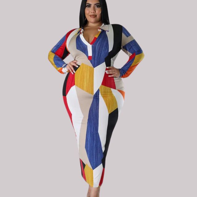 Women's Bodycon Midi Dress - V-Neck Collar - Long Sleeve Geometric Print
