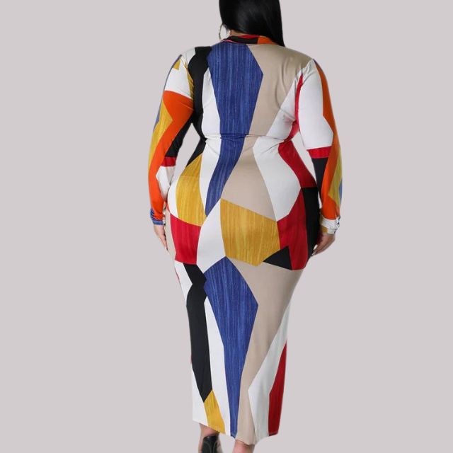 Women's Bodycon Midi Dress - V-Neck Collar - Long Sleeve Geometric Print