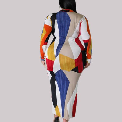 Women's Bodycon Midi Dress - V-Neck Collar - Long Sleeve Geometric Print