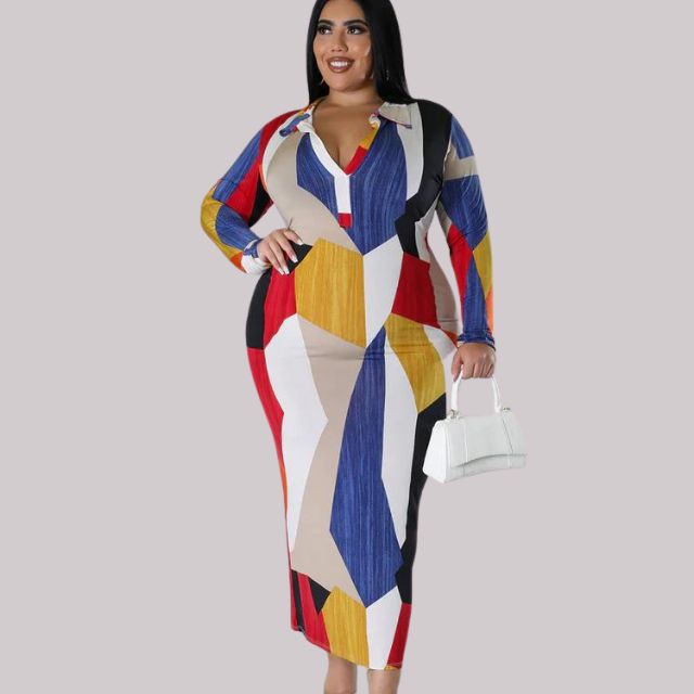 Women's Bodycon Midi Dress - V-Neck Collar - Long Sleeve Geometric Print