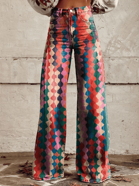 Women’s Wide-Leg Pants – High-Waisted – Geometric Pattern – Retro-Inspired Fit