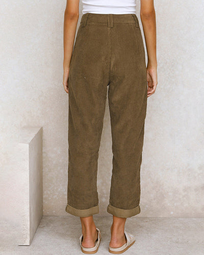 Women's High-Waisted Trousers - Pleated Front - Relaxed Fit - Cuffed Hem Ribbed Fabric