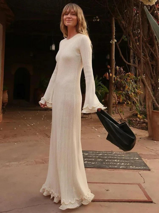 Women’s Maxi Dress – Slim Fit – Ribbed Knit – Flared Sleeves – Ruffle Trim Hem