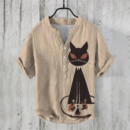 Men’s Casual Shirt – Relaxed Fit – Short Sleeve – Henley Neck – Artistic Cat Graphic