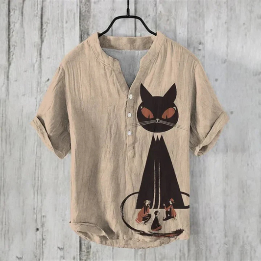 Men’s Casual Shirt – Relaxed Fit – Short Sleeve – Henley Neck – Artistic Cat Graphic