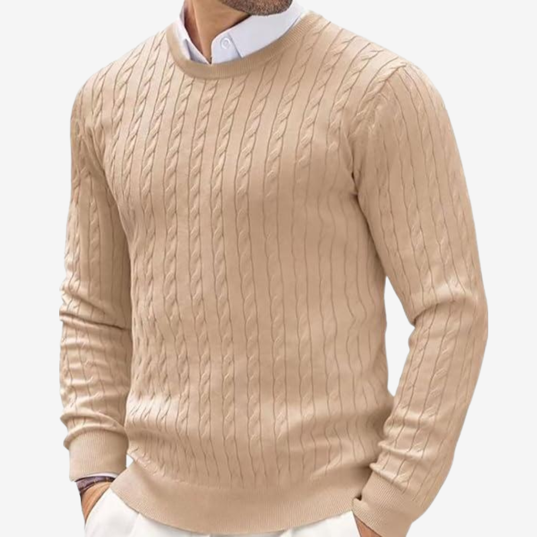 Men’s Sweater – 100% Cashmere – Tailored Fit – Crew Neck Cable Knit Long Sleeve