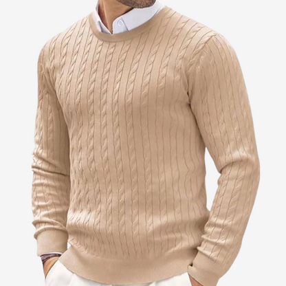 Men’s Sweater – 100% Cashmere – Tailored Fit – Crew Neck Cable Knit Long Sleeve