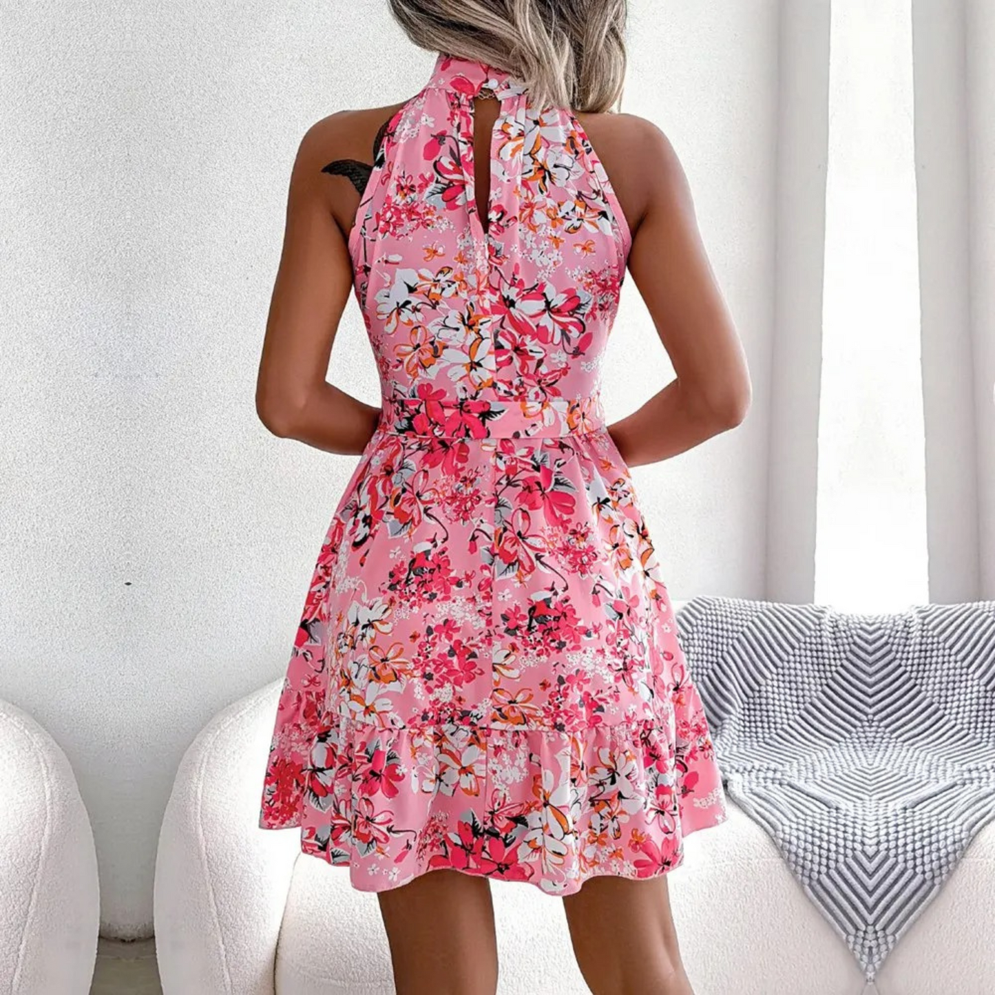 Women's Halter Neck Dress - Floral Print - Fitted Waist - Flared Skirt - Short Length