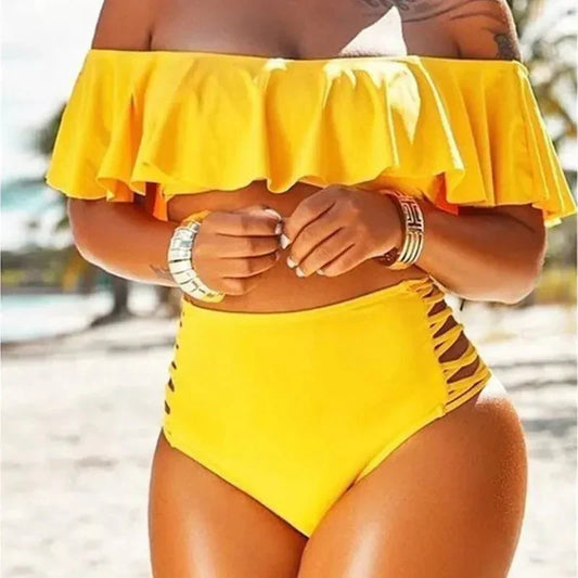 Women’s Bikini Set – High Waist Bottom – Off-Shoulder Ruffle Top – Side Cut Outs