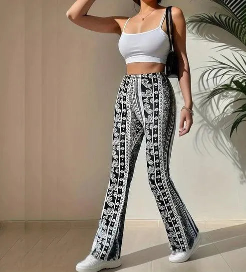 Women's High-Waisted Flared Trousers - Stretch Fabric - Retro Boho Print - Elegant Fit