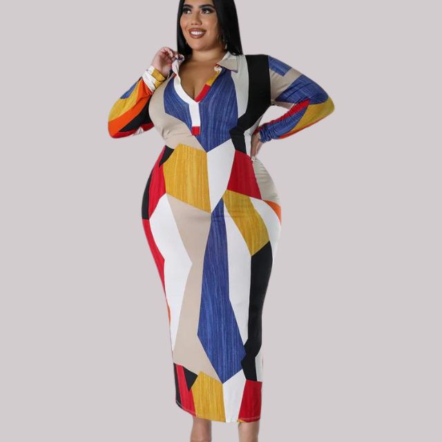 Women's Bodycon Midi Dress - V-Neck Collar - Long Sleeve Geometric Print