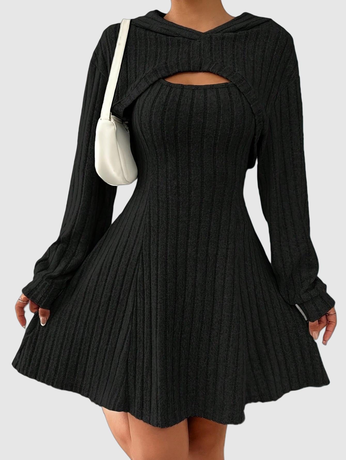 Ribbed knit flare dress with hooded detail for women