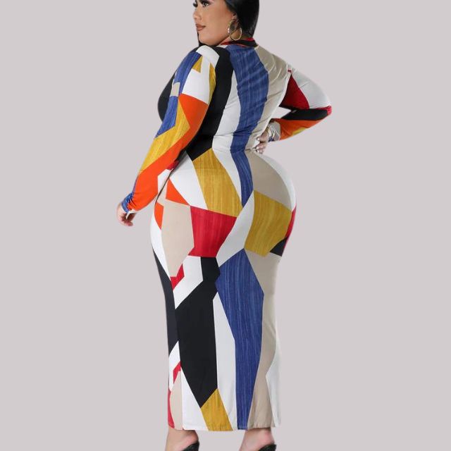 Women's Bodycon Midi Dress - V-Neck Collar - Long Sleeve Geometric Print