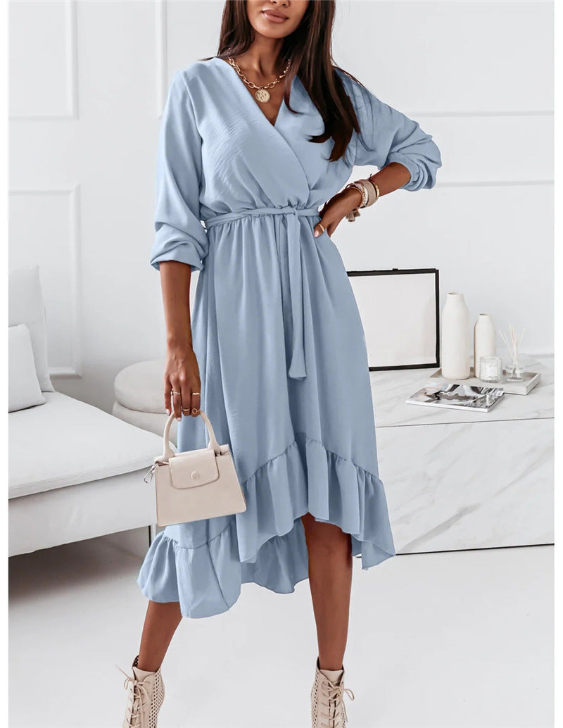 Women's Wrap Dress - V-Neck - Long Sleeve - Tie Waist - Asymmetrical Ruffle Hem