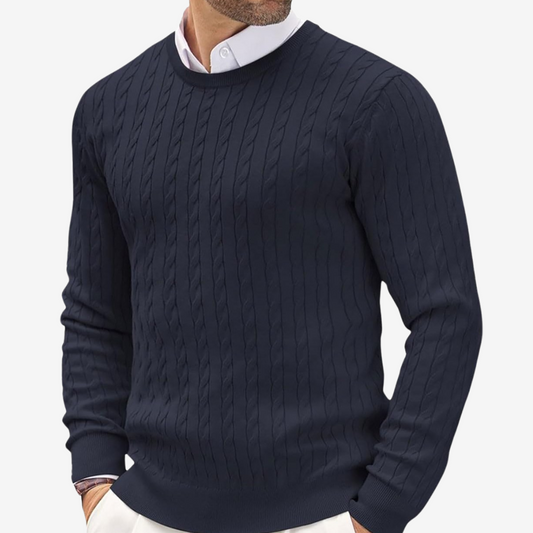 Men’s Sweater – 100% Cashmere – Tailored Fit – Crew Neck Cable Knit Long Sleeve
