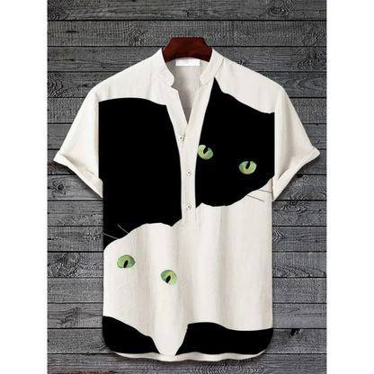 Men’s Casual Shirt – Relaxed Fit – Short Sleeve – Henley Neck – Artistic Cat Graphic