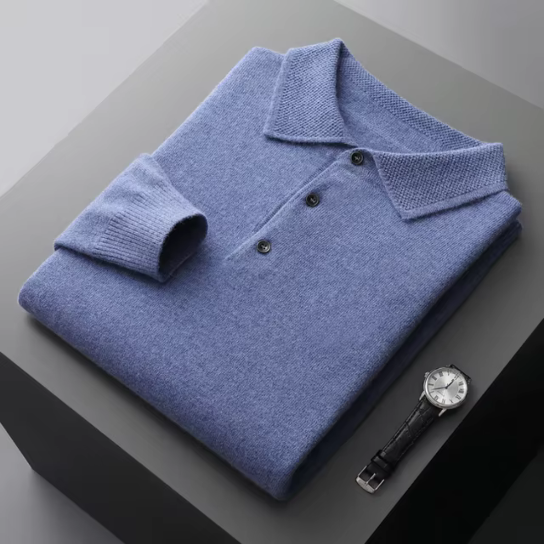 Men’s Polo Sweater – Merino Wool – Standard Fit – Button Placket – Ribbed Trim