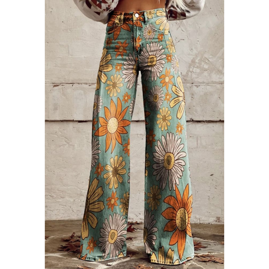 Women’s Wide-Leg Trousers – High Waist – Floral Print – Breathable Blend – Full Length